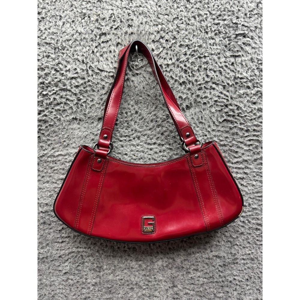 Y2k Guess Womens Logo Faux Patent Leather Shoulder Bag Red